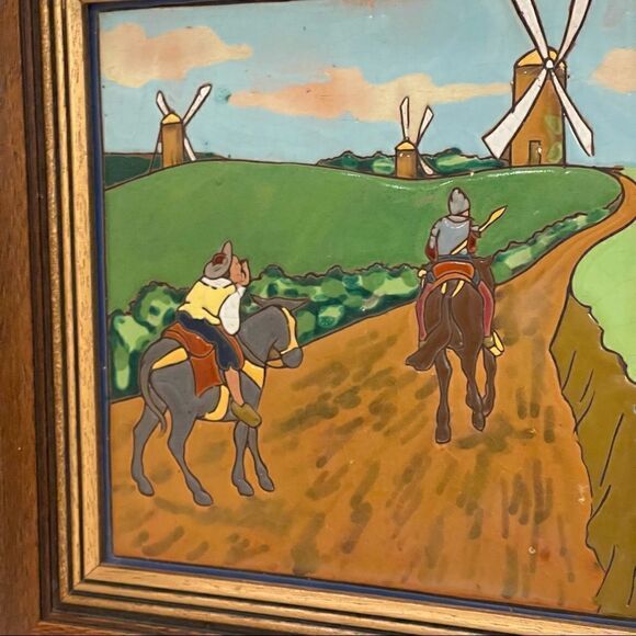 Antique Framed Don Quixote Sancho 8” Enameled Clay 8” Square Tiles Custom Framed - Picture 12 of 16